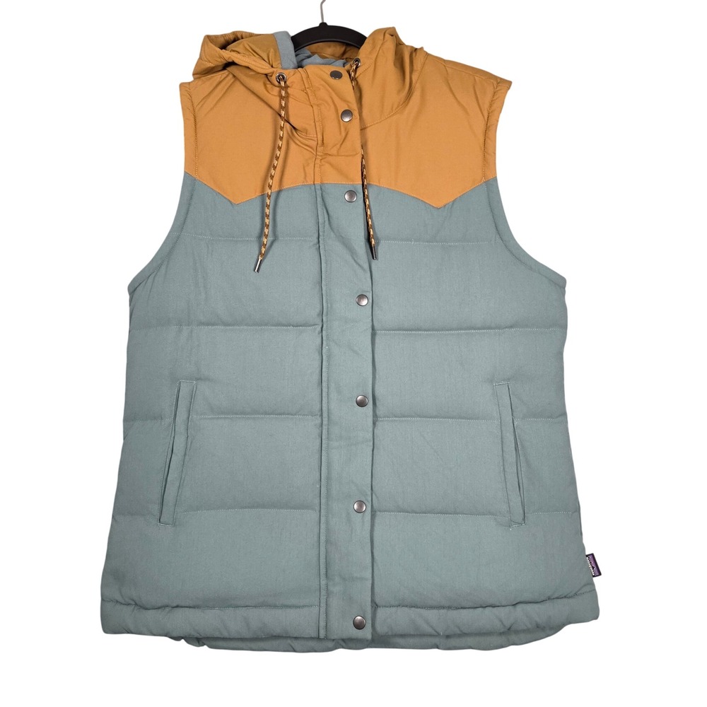 Patagonia Bivy Hooded Puffer Vest Women Large Shadow Blue Duckdown Fill Cozy